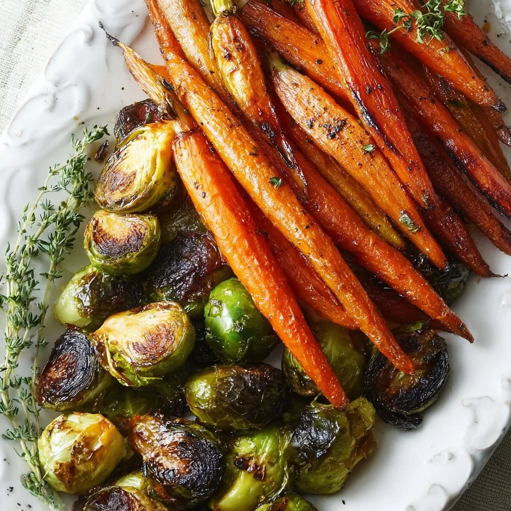 Plate of roasted carrots and Brussels sprouts, garnished and ready to serve.
