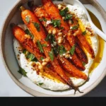 Plate of roasted carrots topped with whipped ricotta and garnished with herbs