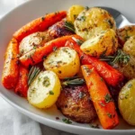 A bowl of roasted potatoes and carrots garnished with fresh herbs