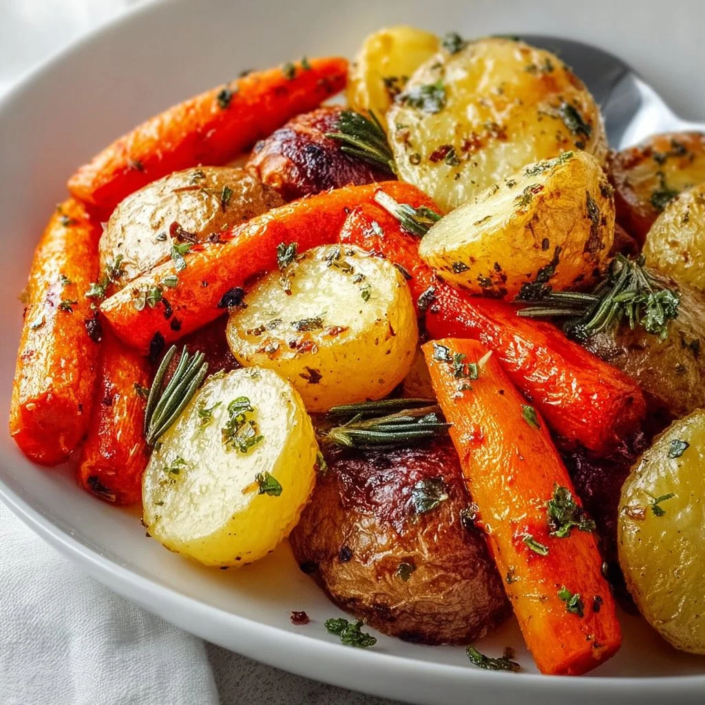 A bowl of roasted potatoes and carrots garnished with fresh herbs