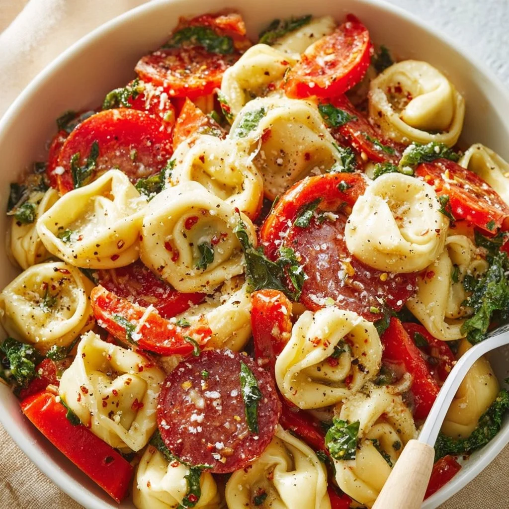 Delicious Roasted Red Pepper and Parmesan Tortellini Salad in a bowl