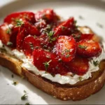 Roasted strawberry whipped ricotta toast served on a rustic wooden table