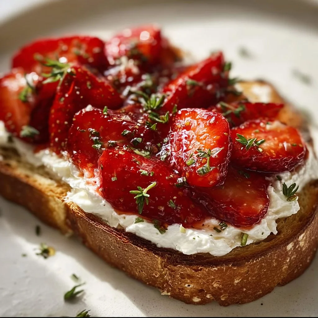 Roasted strawberry whipped ricotta toast served on a rustic wooden table