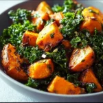 Bowl of roasted sweet potato and kale, showcasing vibrant colors and textures.