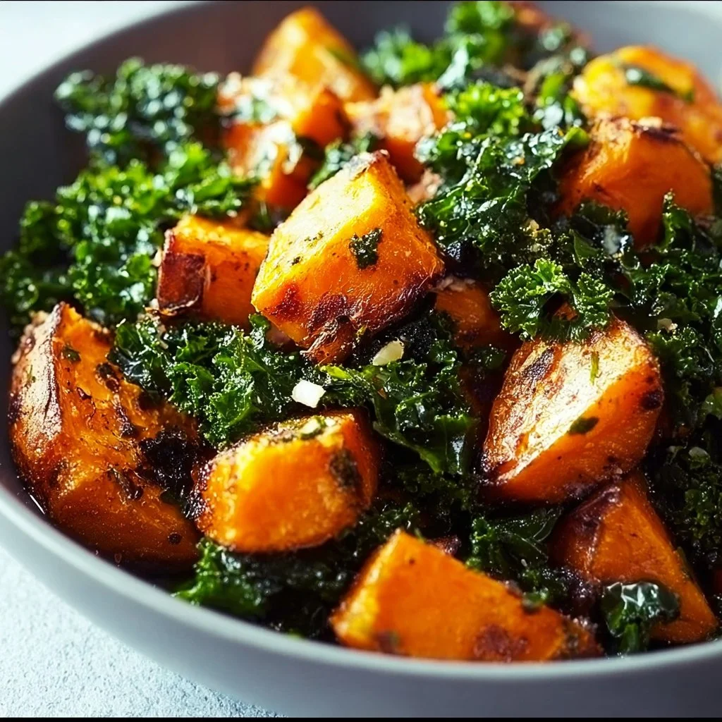 Bowl of roasted sweet potato and kale, showcasing vibrant colors and textures.