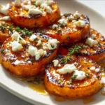 Vibrant roasted sweet potato rounds served on a plate with herbs