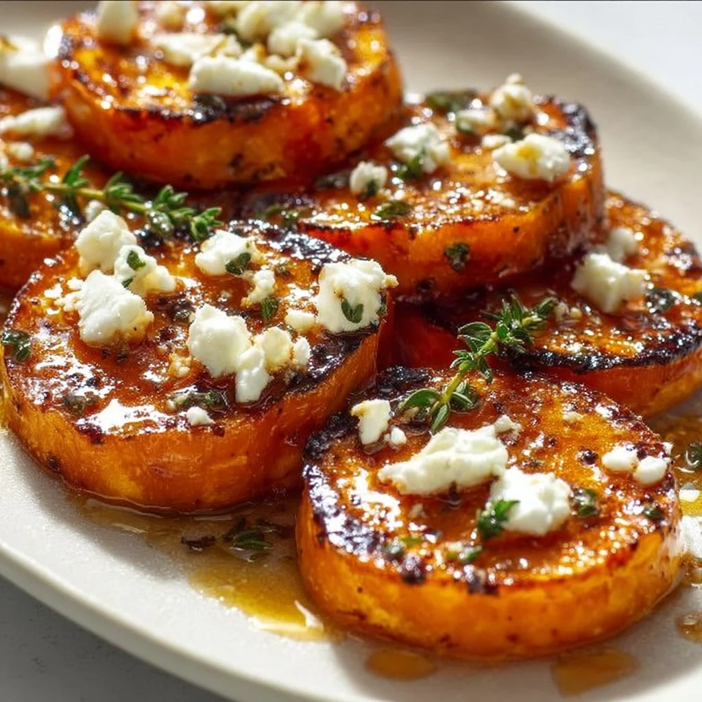 Vibrant roasted sweet potato rounds served on a plate with herbs