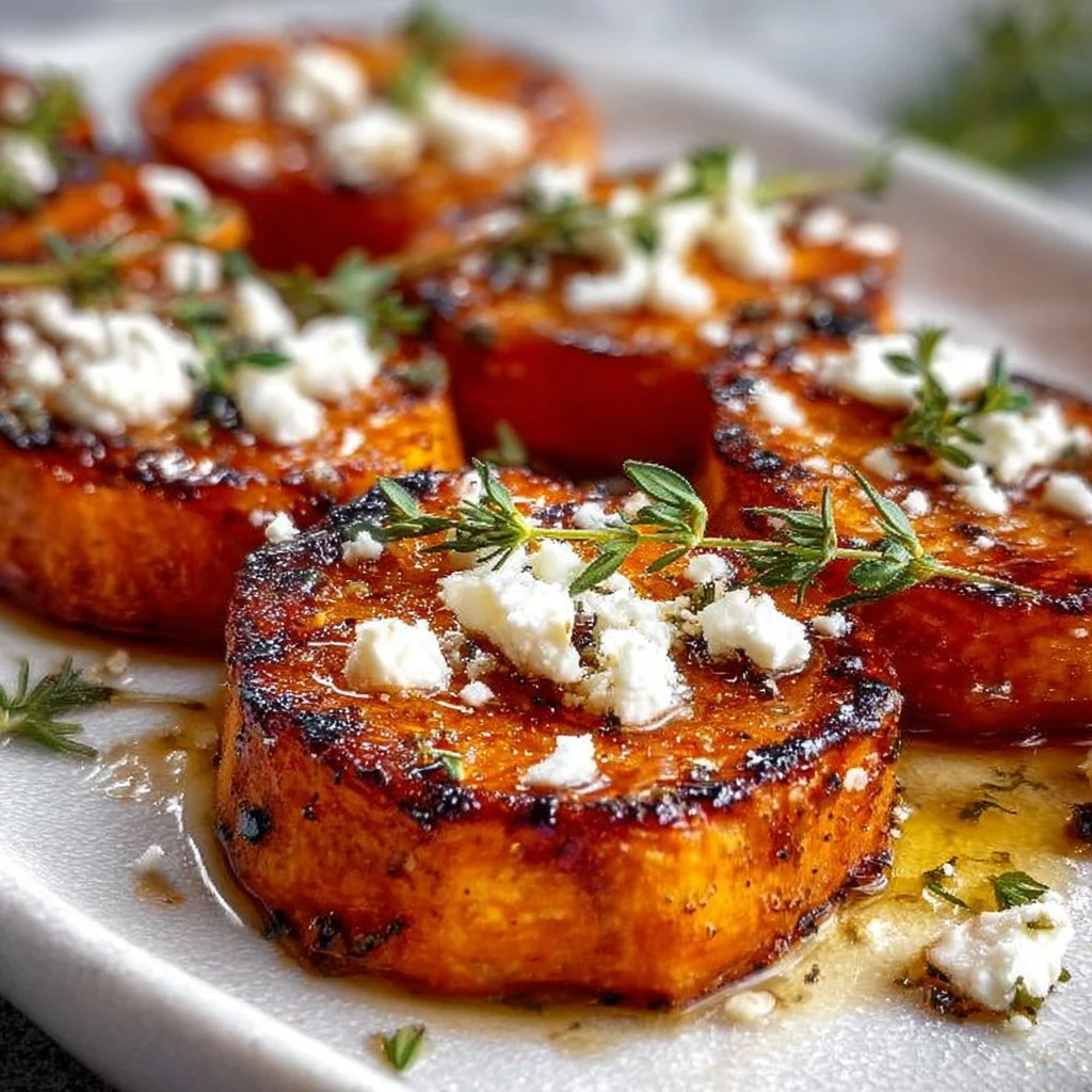 Roasted sweet potato rounds drizzled with honey and topped with feta cheese.