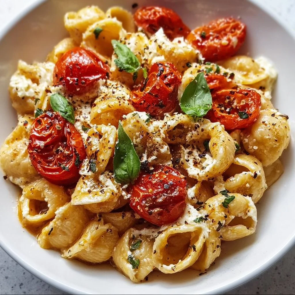 A bowl of roasted tomato and garlic ricotta pasta garnished with fresh herbs.