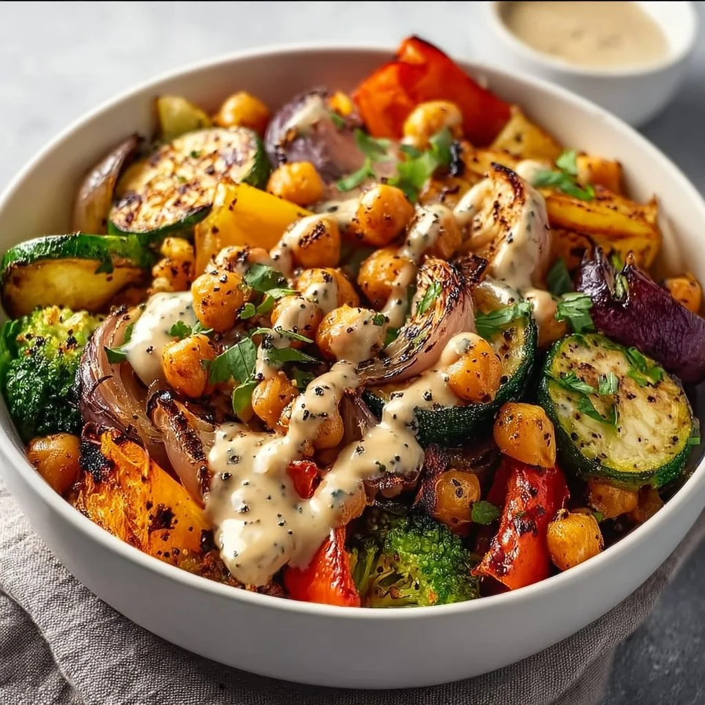 Roasted vegetable and chickpea bowl with vibrant colors and fresh ingredients.