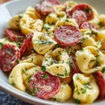 Salami-Mozzarella Tortellini Pasta Salad served in a bowl with fresh ingredients