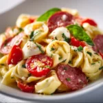 Salami-Mozzarella Tortellini Pasta Salad served in a bowl with vibrant veggies