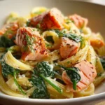 Delicious Salmon and Spinach Pasta served with herbs and lemon