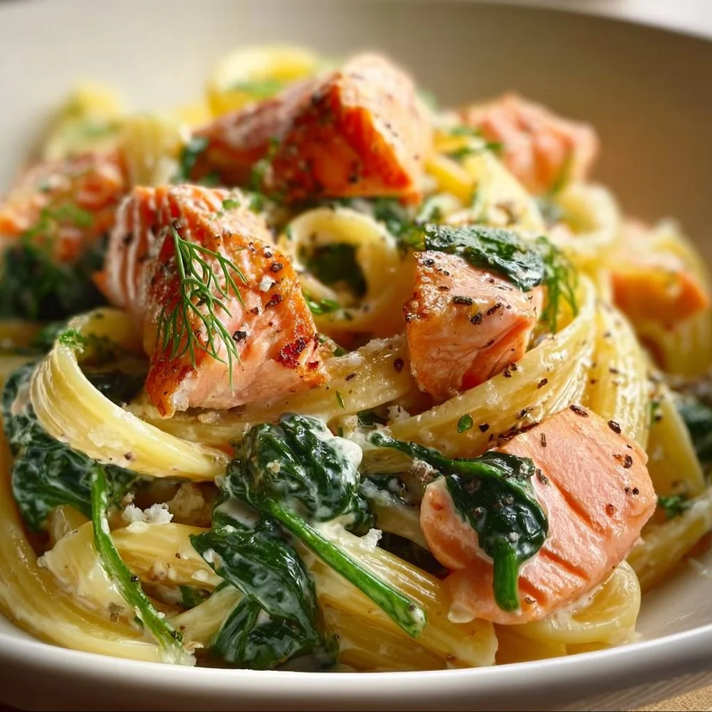 Delicious Salmon and Spinach Pasta served with herbs and lemon