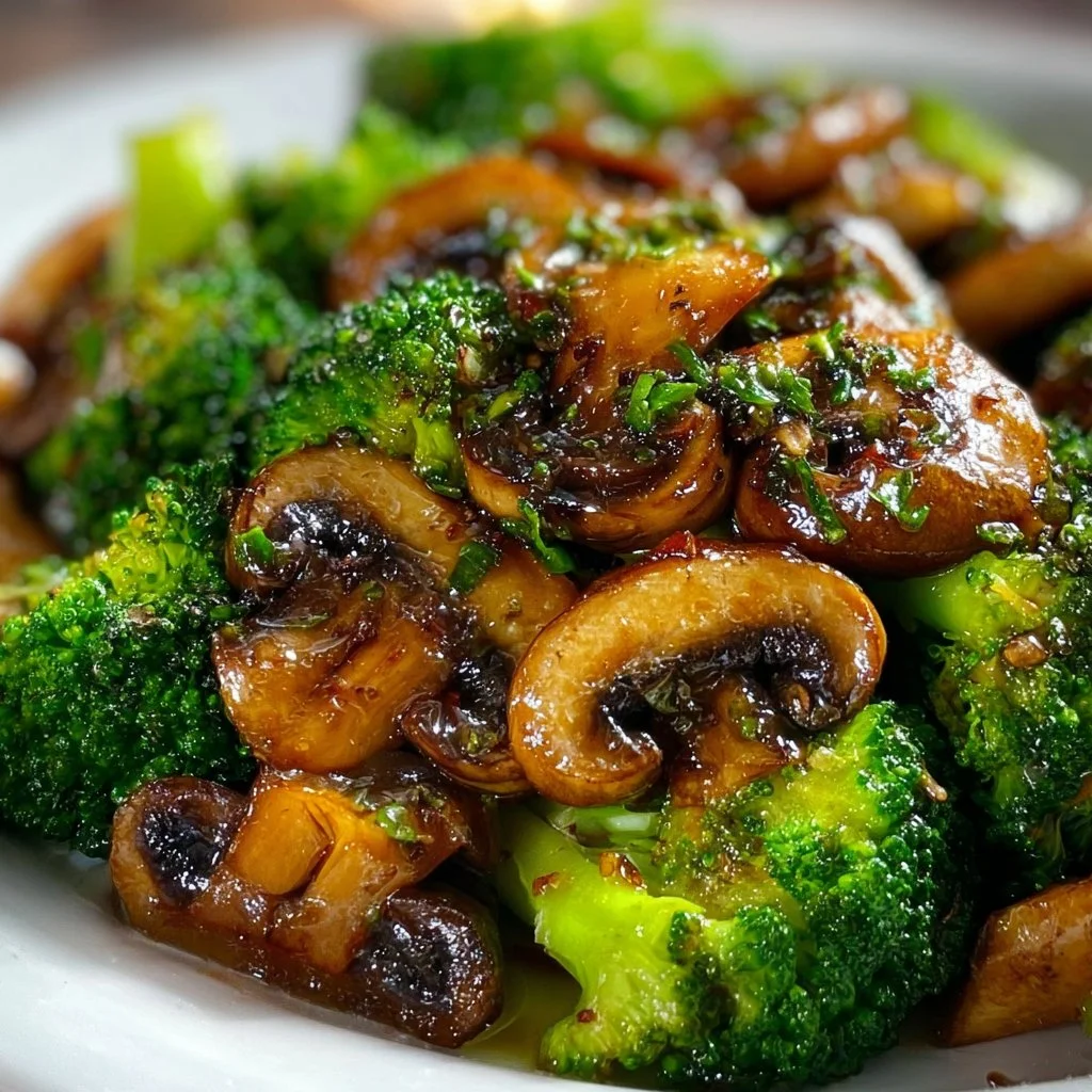 Sautéed mushrooms with broccoli on a serving plate, showcasing a healthy meal.