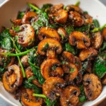 Sautéed mushrooms with spinach served in a skillet