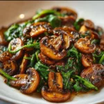 Sautéed mushrooms mixed with fresh spinach in a pan