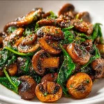 Plate of sautéed mushrooms with spinach garnished with herbs