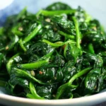 Delicious sautéed spinach with garlic and olive oil on a plate.