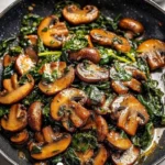 Delicious sautéed spinach with mushrooms in a pan