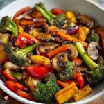 Colorful bowl of sautéed vegetables with fresh herbs and seasonings.