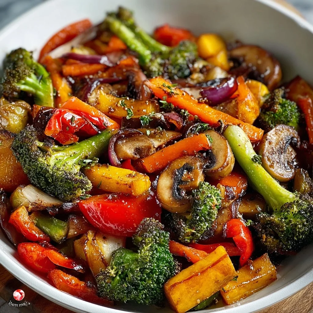 Colorful bowl of sautéed vegetables with fresh herbs and seasonings.