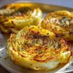 Savory garlic butter roasted cabbage steaks on a plate, garnished with herbs.