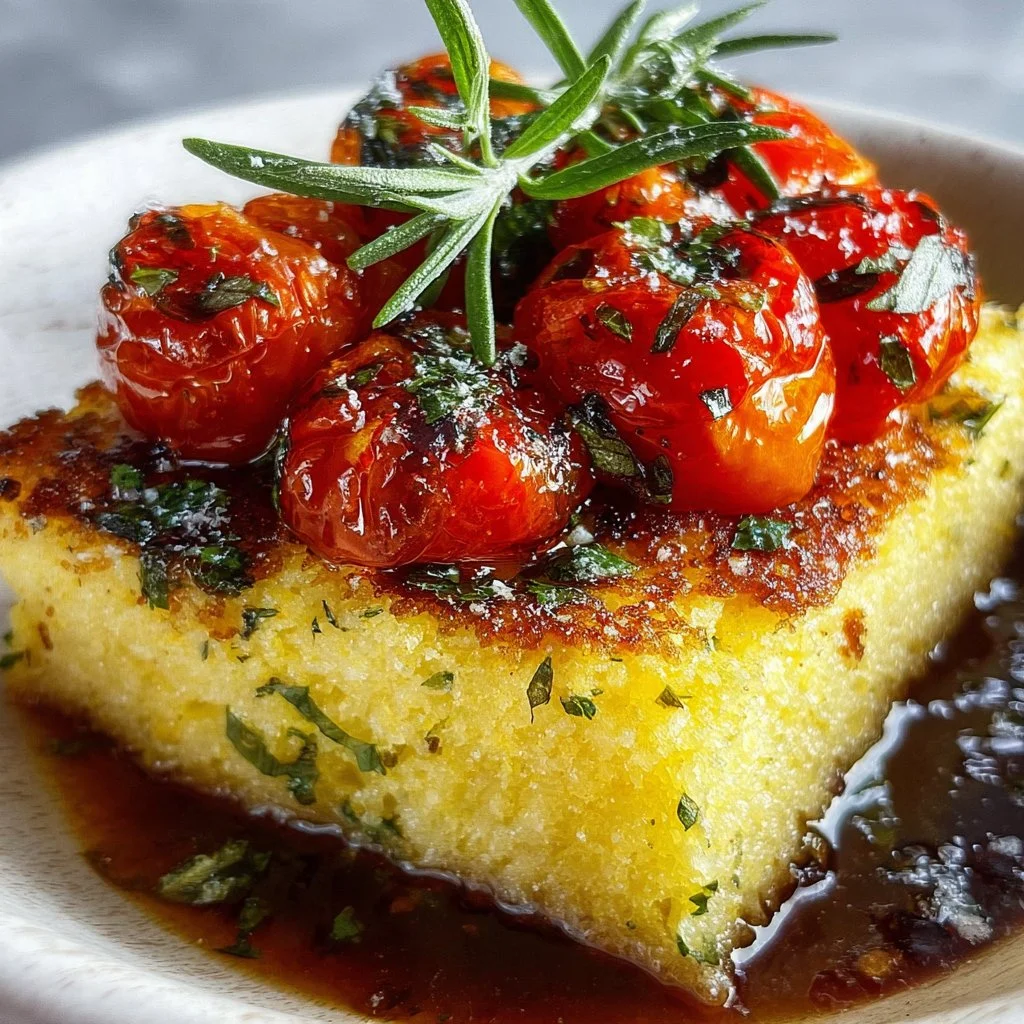 Savory Herbed Polenta & Roasted Tomato Bake in a baking dish