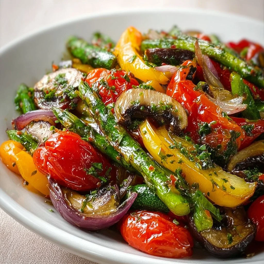 Colorful plate of Mediterranean sautéed vegetables with herbs and spices