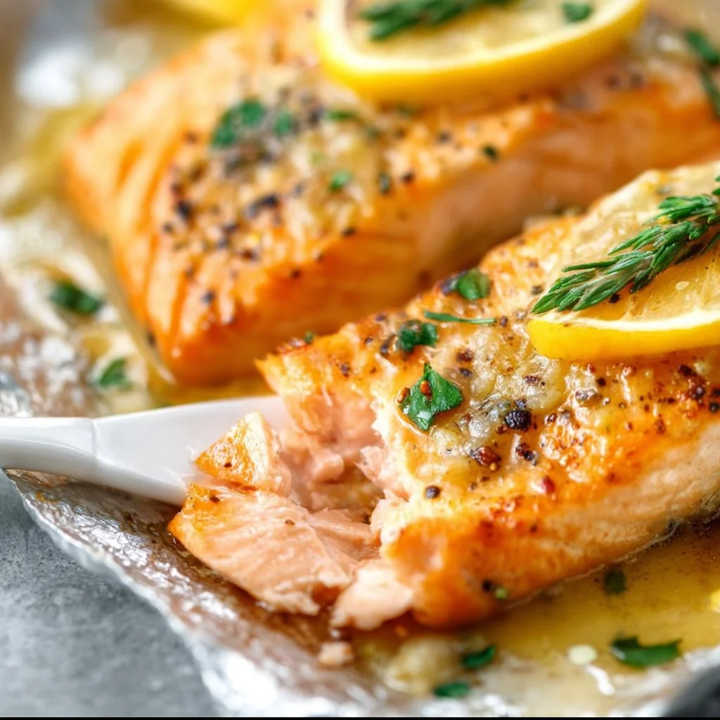 Sheet Pan Lemon Garlic Butter Salmon with fresh herbs and lemon slices