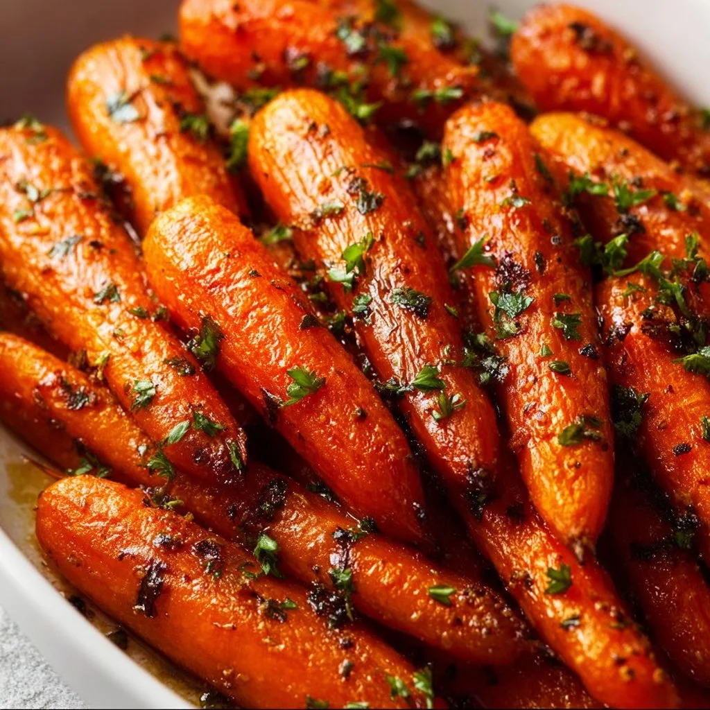 Plate of simple honey roasted carrots garnished with herbs
