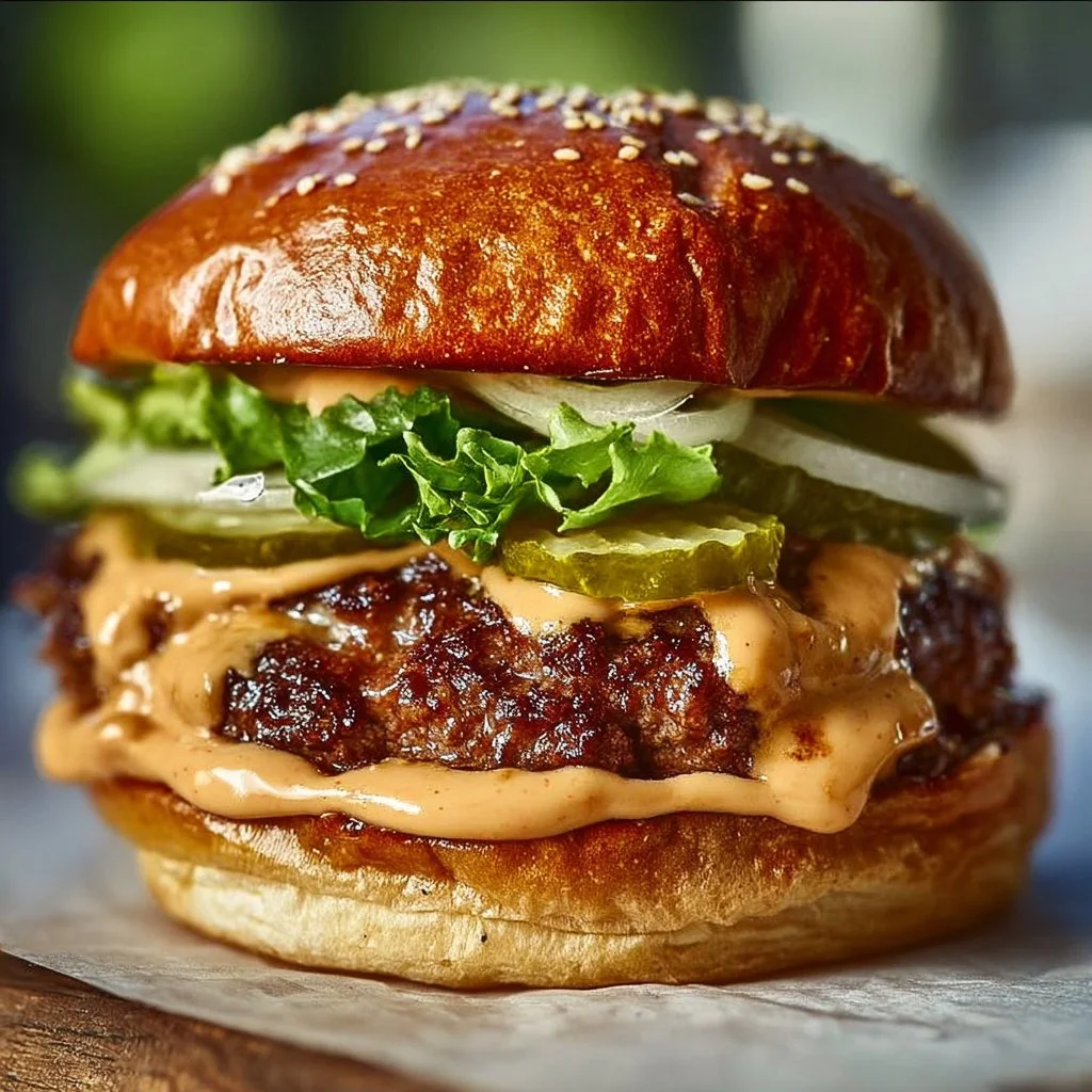 Delicious homemade Smash Burger topped with lettuce, tomato, and cheese.
