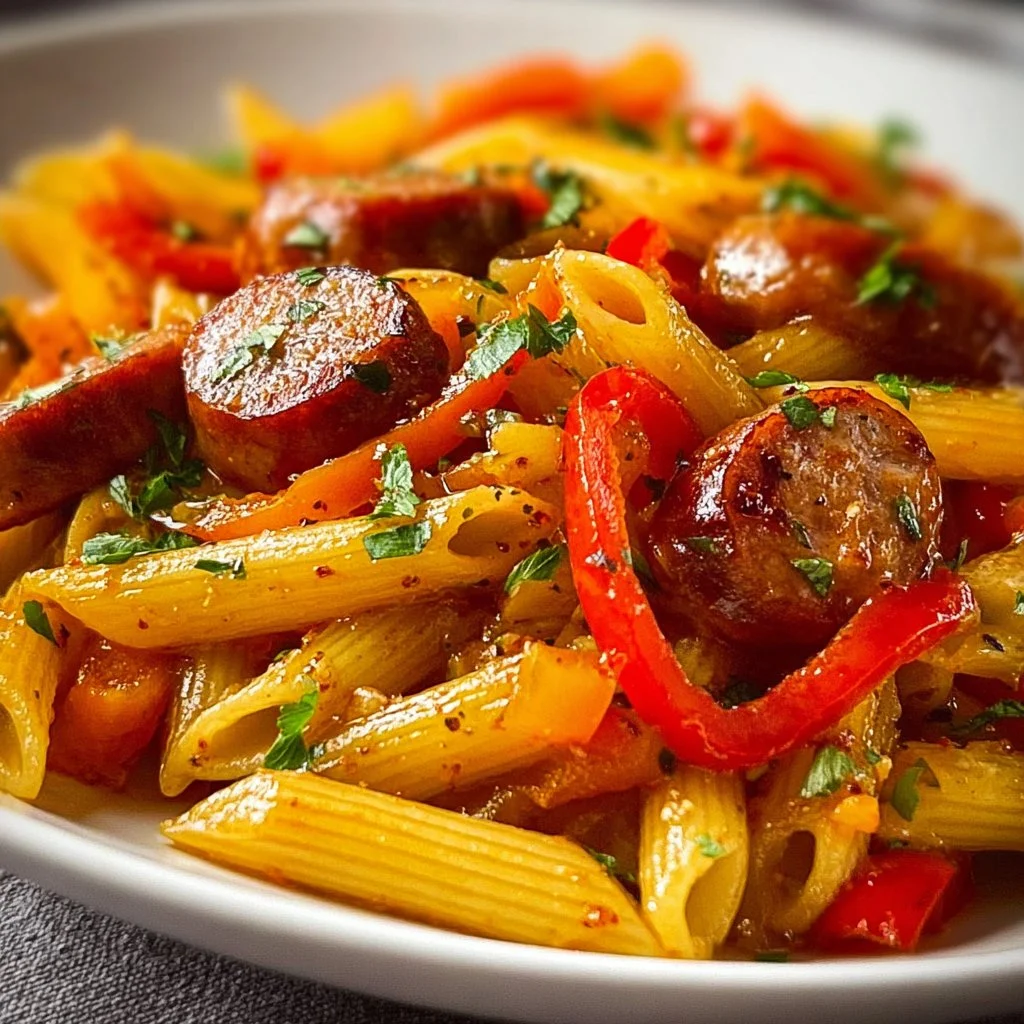 Plate of Smoky Sausage and Bell Pepper Penne with vibrant peppers and herbs.