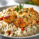 Delicious smothered chicken served over rice with rich gravy and vegetables