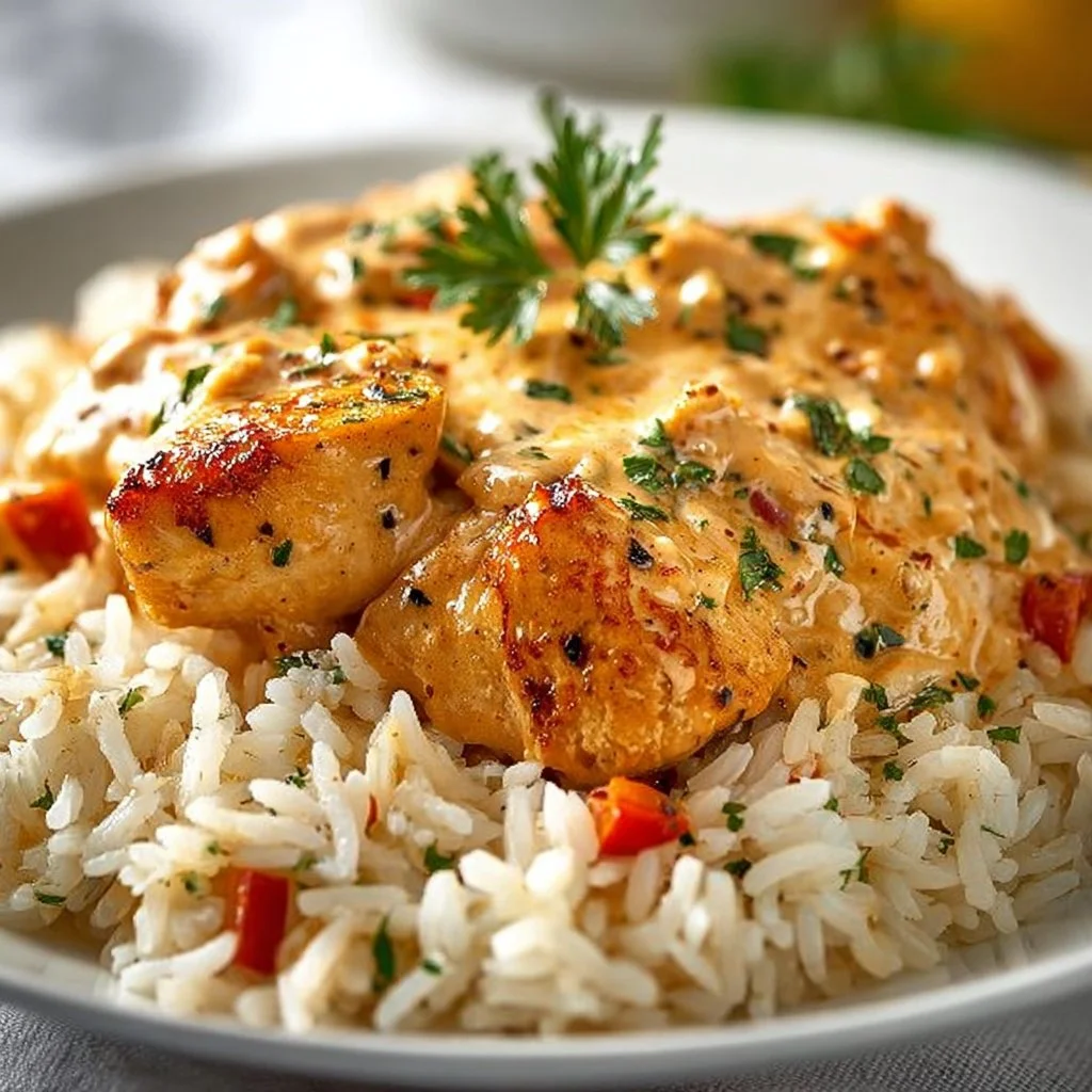 Delicious smothered chicken served over rice with rich gravy and vegetables