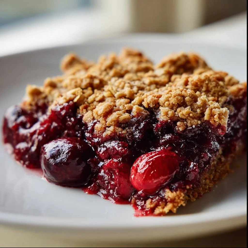 Delicious Sour Cherry Crisp dessert topped with crunchy oats and served warm.