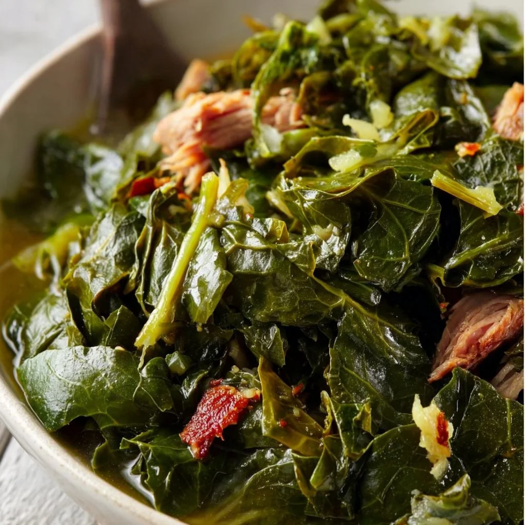 Delicious Southern collard greens served in a bowl, a nutritious side dish.