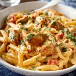 Southwest Chicken Alfredo 3 Creamy Southwest Chicken Alfredo topped with spices and garnished with herbs