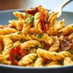Delicious Spicy Rattlesnake Pasta garnished with fresh herbs