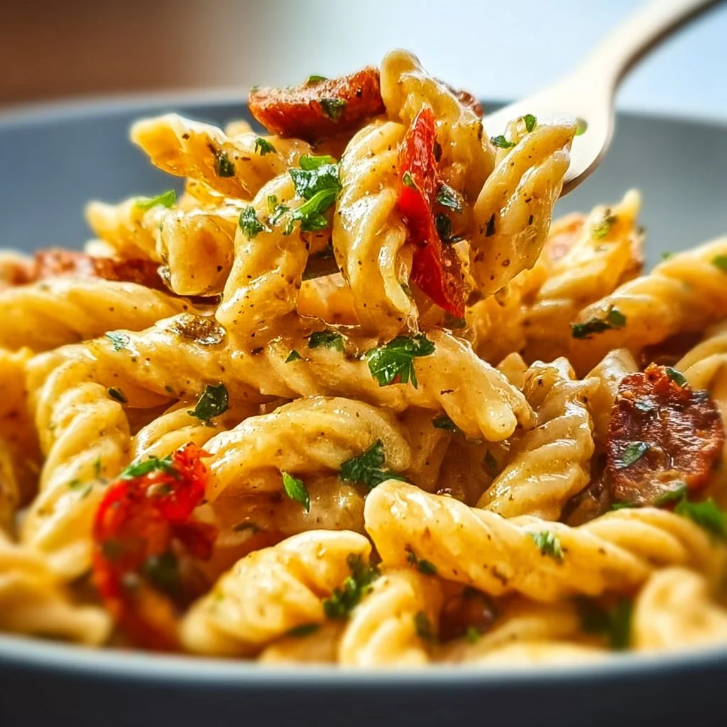 Delicious Spicy Rattlesnake Pasta garnished with fresh herbs