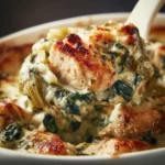 Delicious Spinach Artichoke Chicken Casserole fresh out of the oven