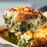 Spinach Cheese Casserole served in a dish with melted cheese and green spinach