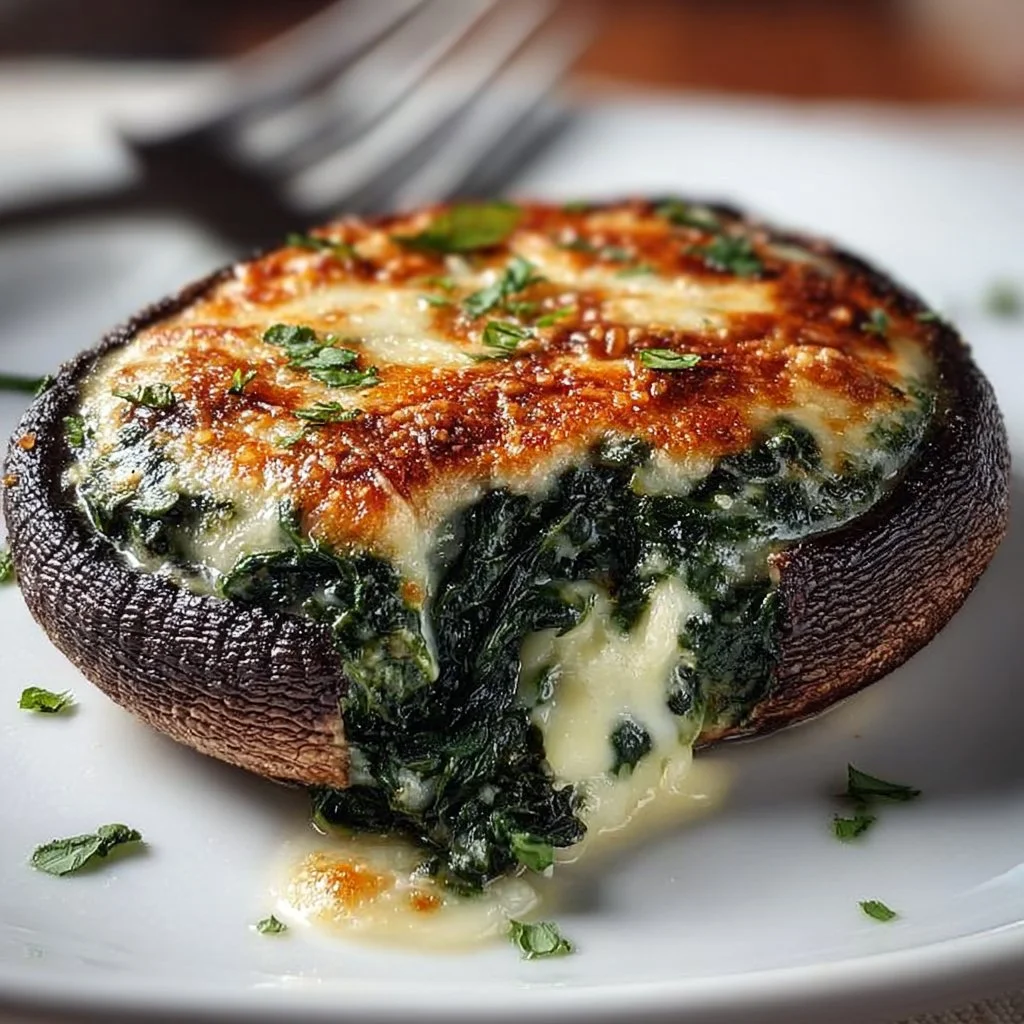 Delicious Spinach and Cheese Stuffed Portobello Mushroom on a plate