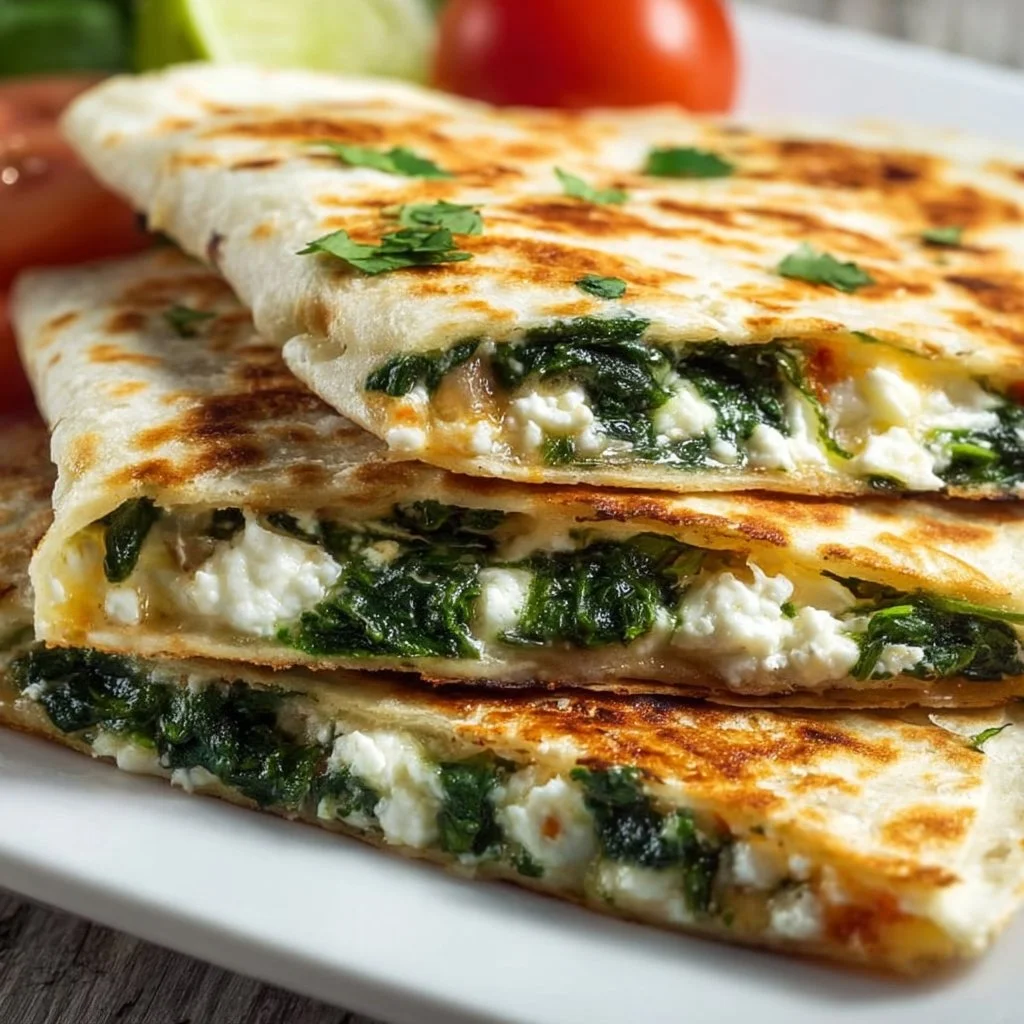Delicious homemade Spinach Feta Quesadillas on a plate.