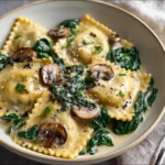 A plate of Spinach and Mushroom Alfredo Ravioli garnished with herbs.