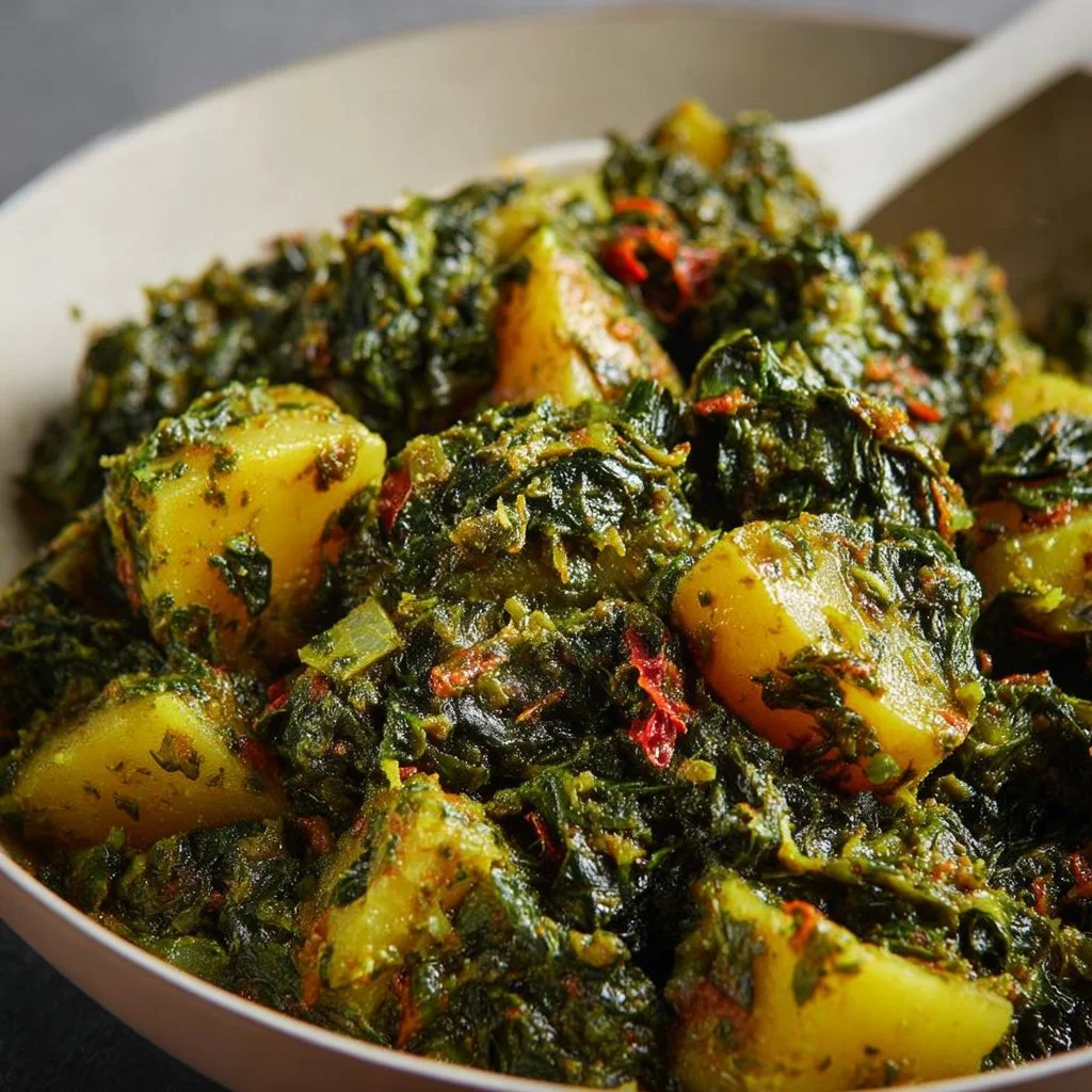 Bowl of creamy Spinach and Potato Curry garnished with spices and herbs