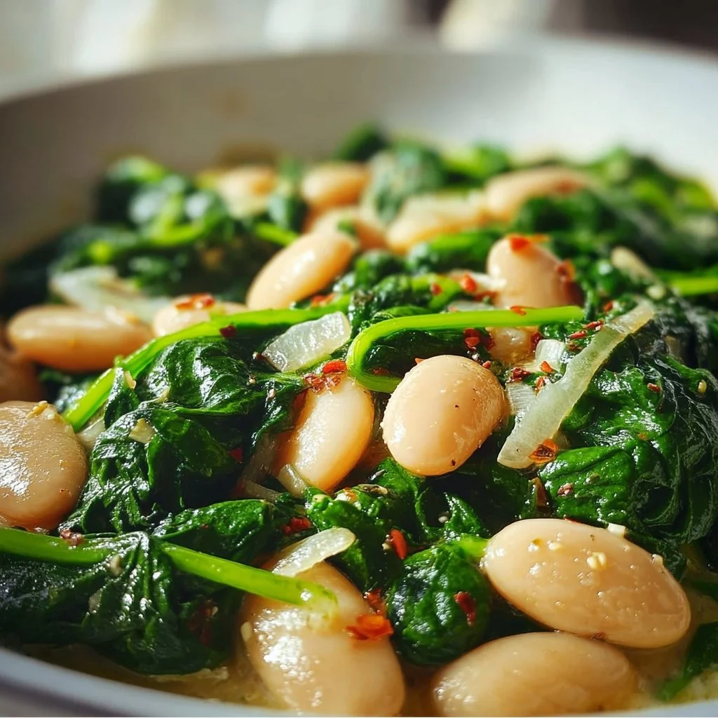 Healthy spinach and white beans dish served in a bowl, rich in nutrients