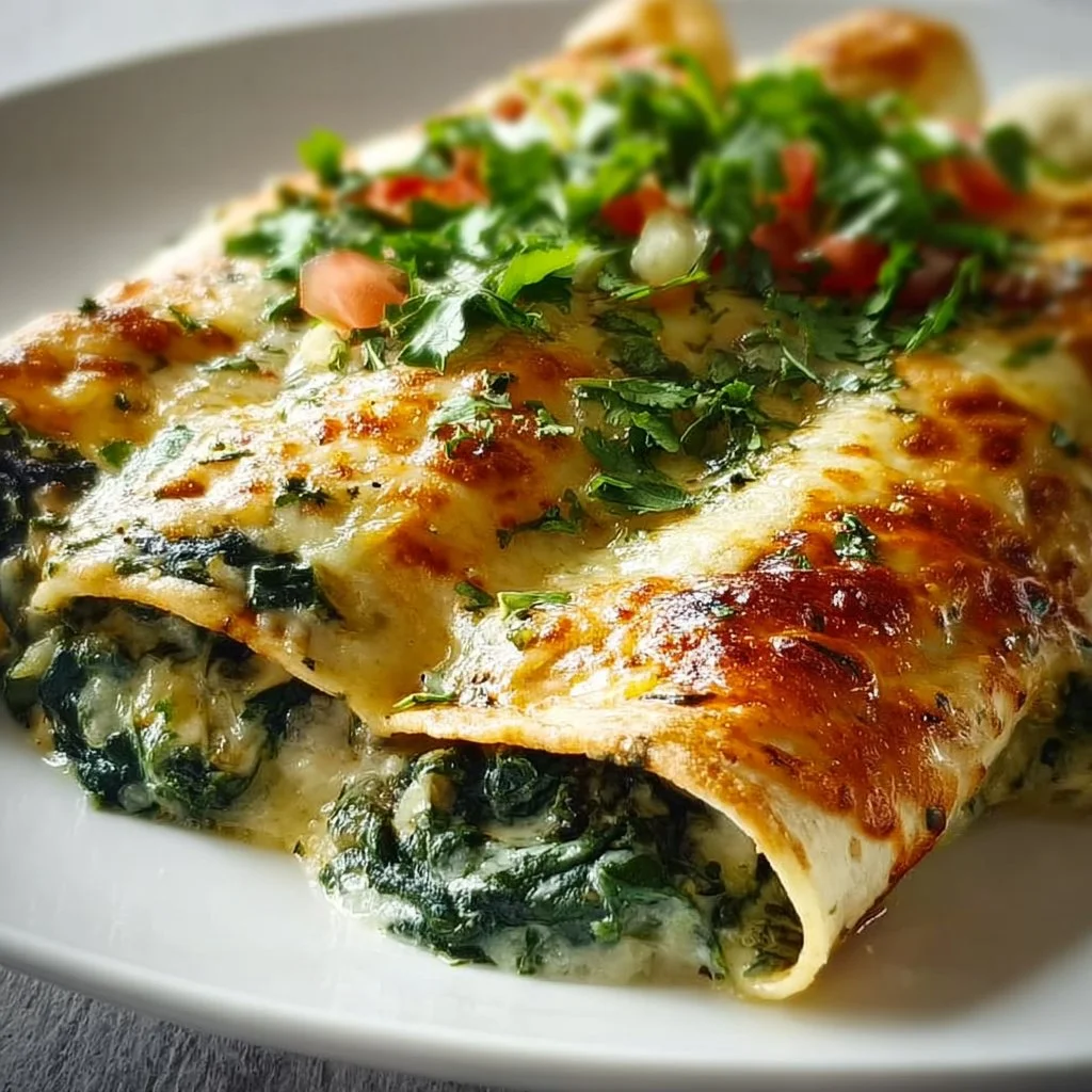 Delicious spinach enchiladas vegetarian topped with cheese and served on a plate.