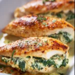 Delicious spinach stuffed chicken breasts served with a side of vegetables