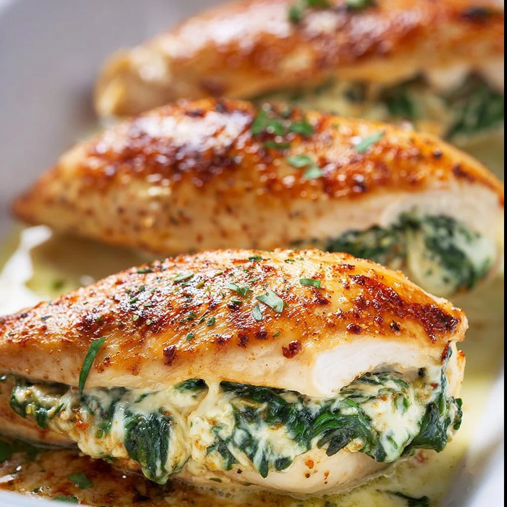 Delicious spinach stuffed chicken breasts served with a side of vegetables